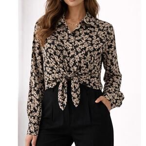 BA&SH Tarmac Lady Shirt Tie Button Leaf Blouse Black Cream Large